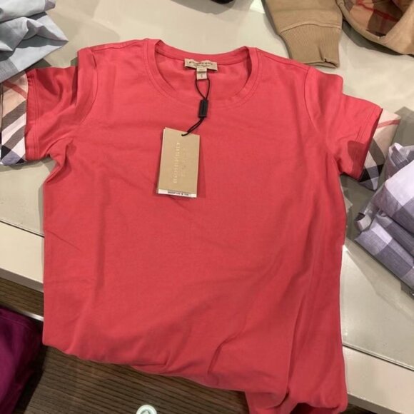 NWT Burberry Brit Pink Cotton Check Sleeve Cuff Detail Crewneck T-Shirt - Picture 1 of 1